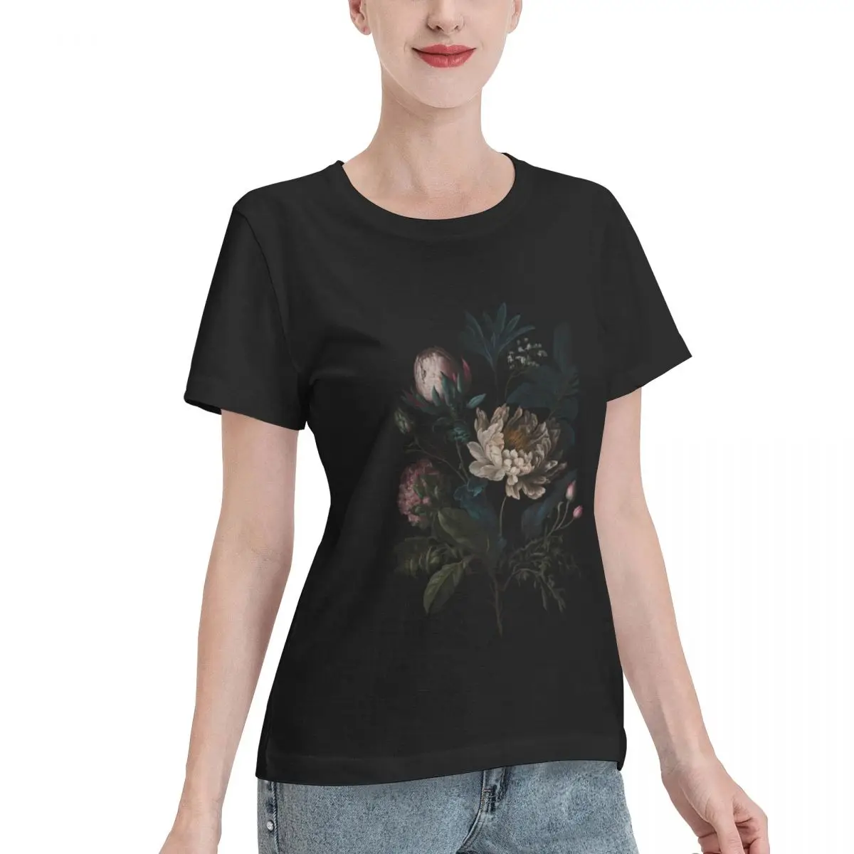 No Shrink Dark Academia Peony Botanical Women's T-shirt All Season Ladies Tee