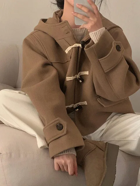 Korean Style Loose Fit Short Woolen Coat with Hat And Horn Buttons for Women Autumn Winter Fashion Outerwear