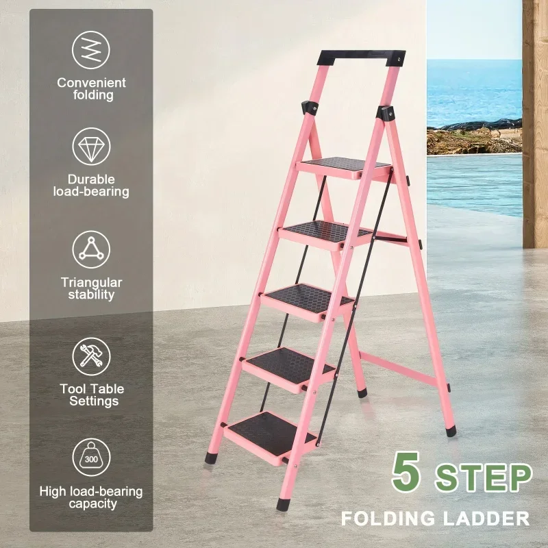 5-Step Folding Ladder - Portable Lightweight Aluminum Stepladder for Home, Library