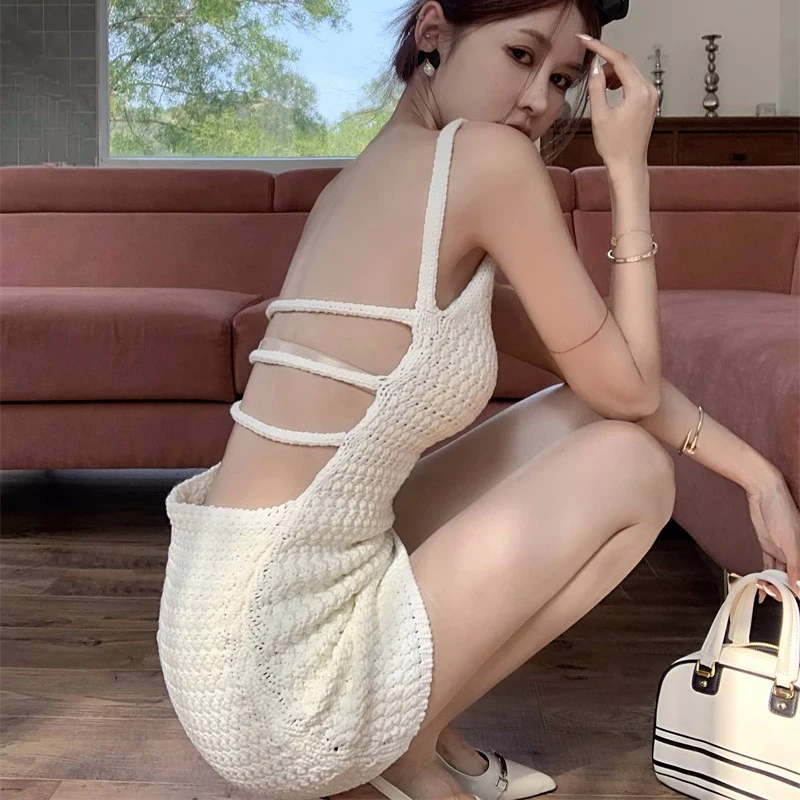 

Backless Dresses Women Knitted Korean Style Hotsweet Chic Sheath Mini Dress Summer Clothing Women Spaghetti Strap Dress