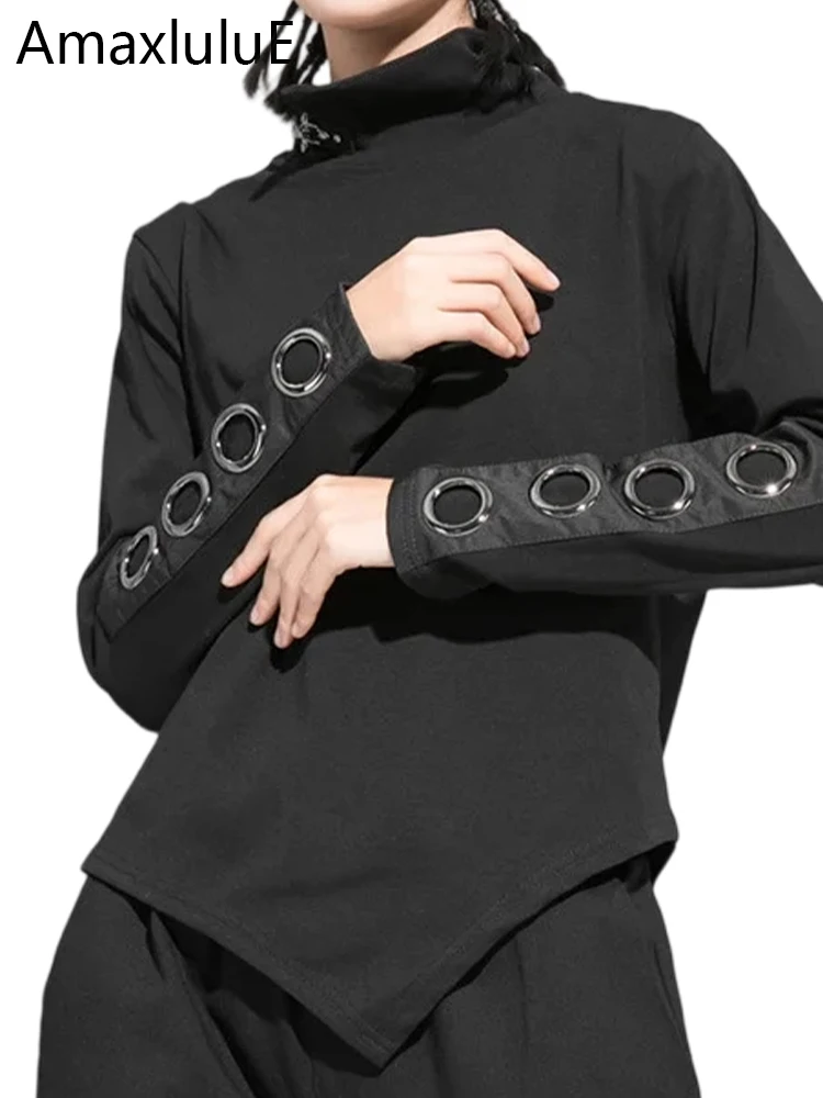 Amax LuluE 2025 Spring Fashion British Womens Punk Loose Tee Shirts Ladies Casual Black Tops Turtleneck Design Luxury Clothing