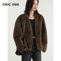 Chique Ven Damesjack Losse Casual Effen Overjas Nieuwe Vrouwelijke Pluche Jas V-Hals Vrouw Warme Bovenkleding Herfst Winter 2024