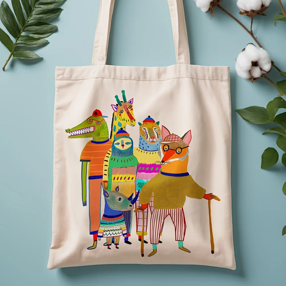 A Interesting animals pattern print canvas tote bag, suitable for daily use, shopping, school, and travel