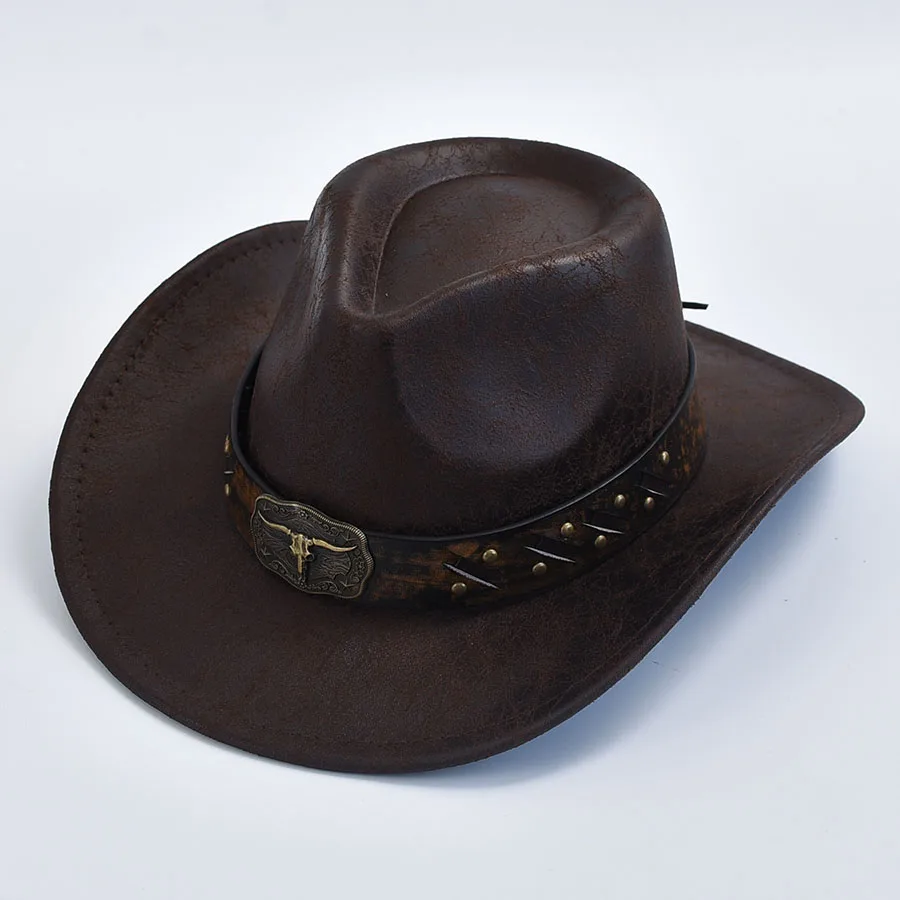 Men Women Western Cowboy Hats Faux Leather Vintage Gentleman Cowgirl Jazz Hats Sombrero Hombre