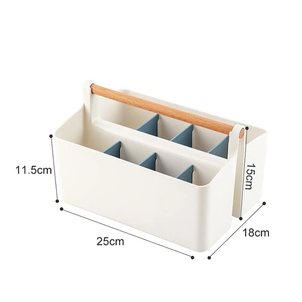 Plastic Desk Storage Organizer Detachable Multi-Purpose Pen Holder Divided Compartments with Wooden Handle Desk Stationery Box