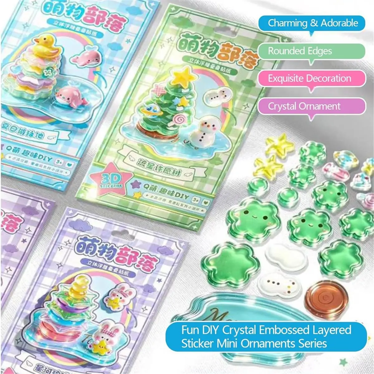 2026 New Crystal Stacked 3D Building Stickers,3D Stacked Stickers,Cartoon Decorative Sticker Kit,Cute Mini Desktop Ornament(4Pcs