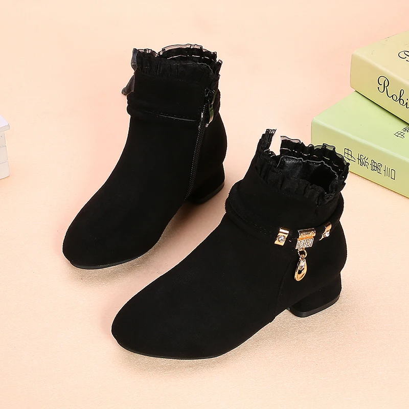 

Ботильоны на весну и осень для девочек, детские модные полусапожки на низком каблуке, кружевные противоскользящие дышащие боковые молнии, детская обувь 27-37