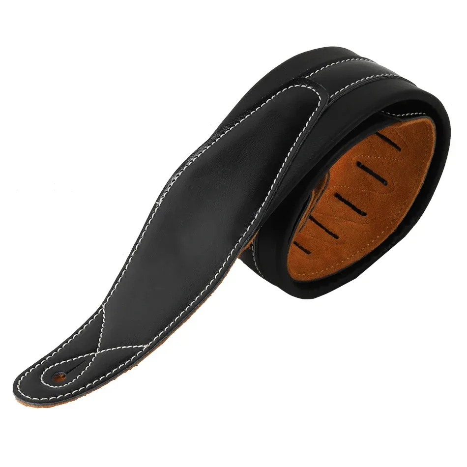 Genuine Leather Padded Black Guitar Strap for Electric Acoustic Guitar Bass Adjustable Belt Widen and Soft