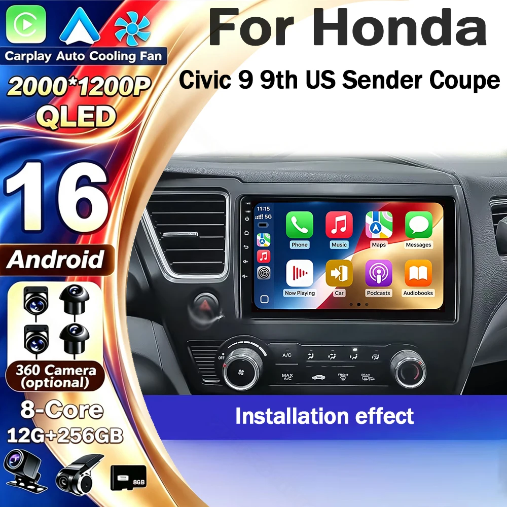 Android 16 CarPlay&Auto For Honda Civic 9 9th US Sender Coupe Car Radio Stereo GPS Navigation Multimedia Player Wireless WIFI BT