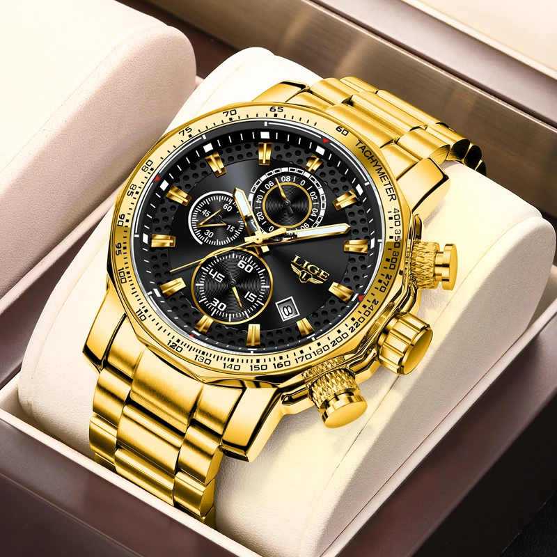 LIGE New Gold Quartz Watches For Men Military Sport Waterproof Big Dial Watch Men Fashion Business Date Chronograph Montre Homme