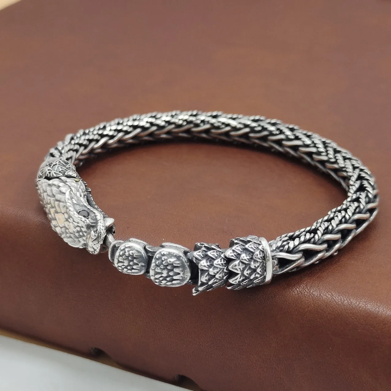 

925 sterling silver snake three-dimensional bracelet men's bracelet hand woven retro personality Japanese Korean Thai silver jew