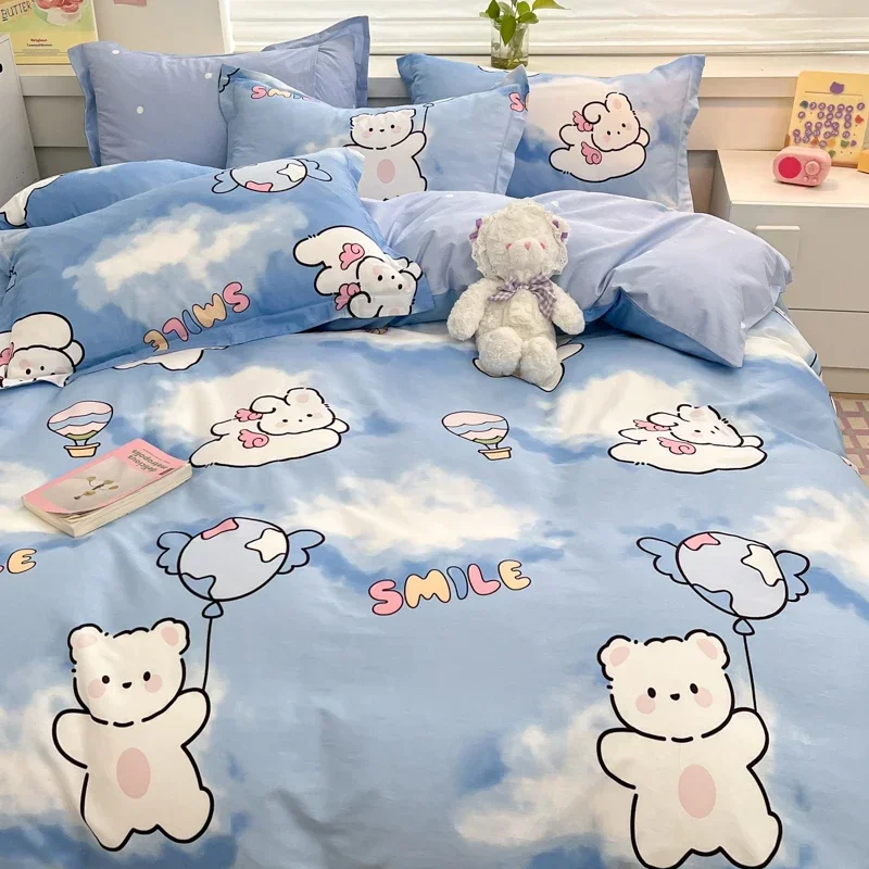 Cute Bear Duvet Cover Set Queen 100% Cotton Bedding for Kids Boys Girls Teens Cartoon Rabbit and Clouds on Blue Comforter Covers