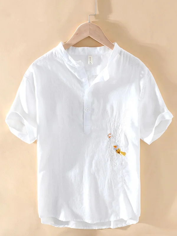 

Новая летняя повседневная рубашка 2025 года с вышивкой, воротником-стойкой, свободного кроя, в стиле ретро, универсальная, на пуговицах, для мужчин