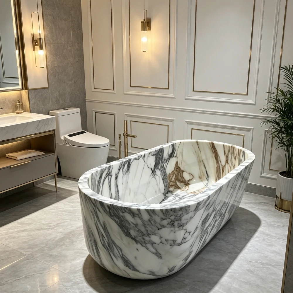 #￥Luxury Modern Natural Calacatta Viola Marble Freestanding Oval Bathtub Polished for Bathroom Hotel Villa