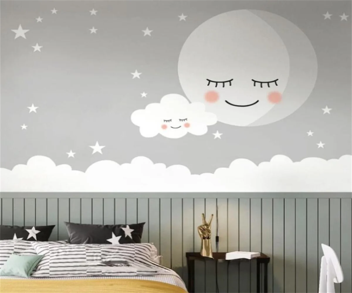 حجم مخصص خلفية الوردي غرفة الأميرة جدارية ديكور المنزل الكرتون نجوم القمر سحابة اللوحة الزخرفية خلفية ثلاثية الأبعاد #4