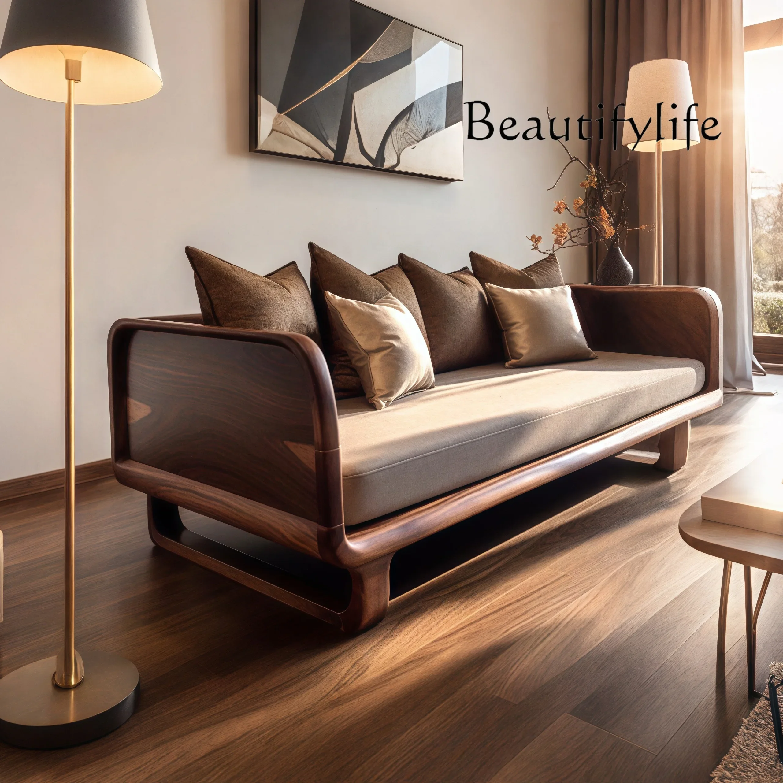 BJ New Chinese Black Walnut Solid Wood Sofa Living Room Three-person Sofa Simple Designer