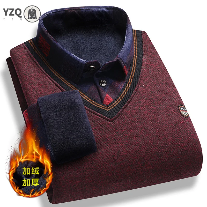 Office Daily Knit Sweater For Men Fake Waistcoat Collared Design Fleece Lined Thermal Plaid Long Sleeve Stretch Pullover