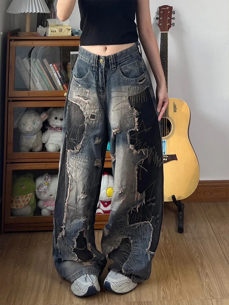 

Ретро-джинсы в американском стиле с эффектом потертости, высокой талией, пэчворком и цветными блоками, длинные брюки с изогнутым кроем для женщин