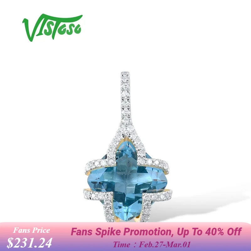 

VISTOSO Authentic 14K 585 Yellow Gold Pendant For Women Sparkling Diamond Exquisite Blue Topaz Wedding Engagement Fine Jewelry