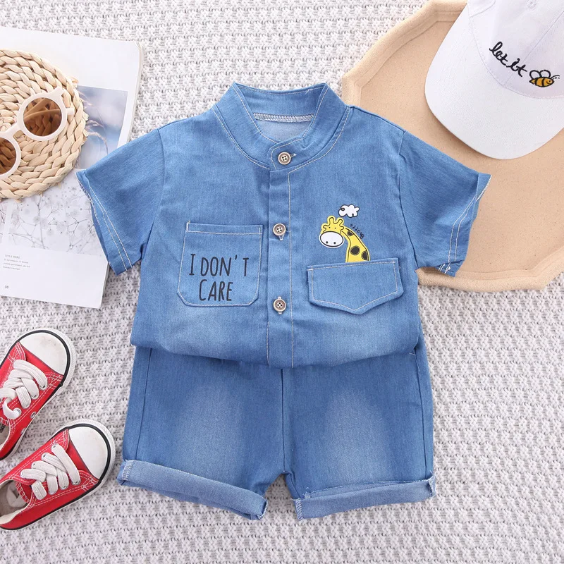 New Summer Fashion Children's Boys Denim Clothes Suit Cartoon Deer T-Shirt Shorts 2pcs/sets Kids Toddler Sports Casual Outfits