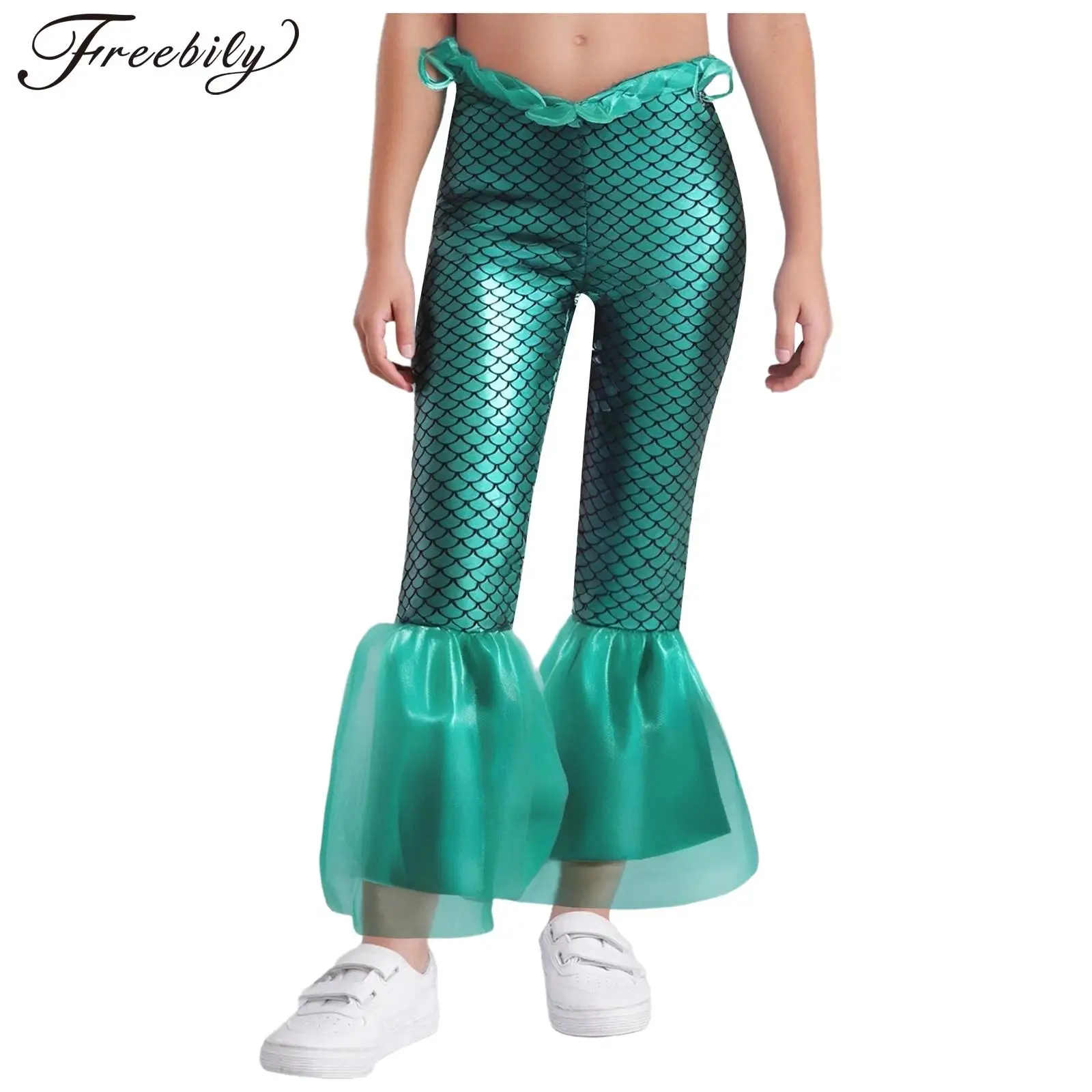 

Детский карнавальный костюм принцессы-русалки на Хэллоуин для девочек, блестящие сетчатые расклешенные брюки с принтом рыбьей чешуи для тематической вечеринки, карнавала