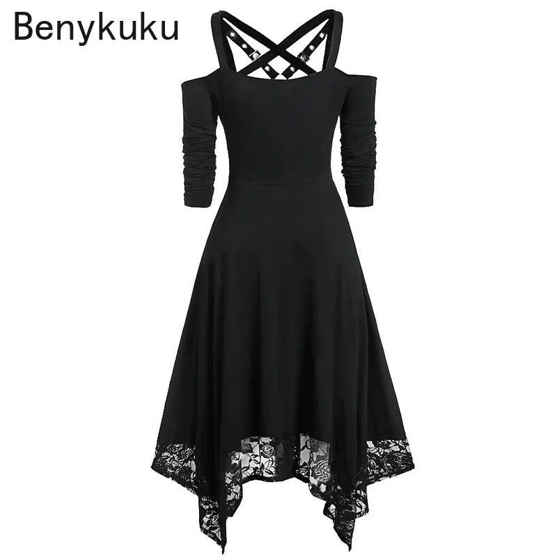 Black Goth Lace Patchwork Punk Rock Dress Off Shoulder Gothic Women Cross Strap Plus Size Sexy Irregular Vintage Midi Dresses