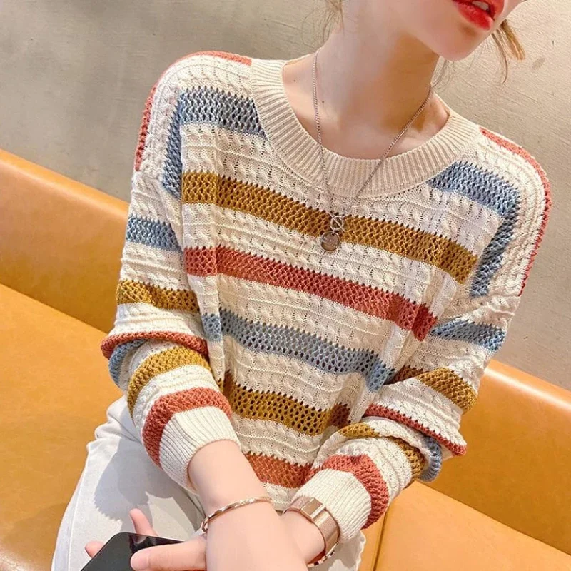 Women\'s Sweater Round O Neck Knit Tops for Woman Blue Mesh Pullovers Y2k Vintage Trend 2024 Korean Luxury Cold Winter Fashion