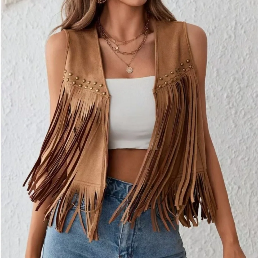 Fashionable Retro Fringed Vest Black/Brown Rivet Detailing Western Jacket Open Front Women's Vest for Women