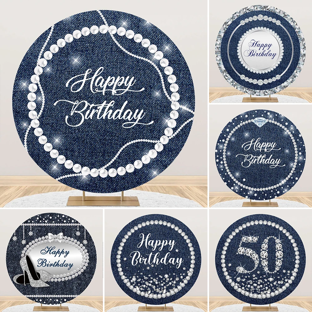 

Denim Texture Round Background For Birthday Decor Sparkling Pearl Diamond High-Heels Woman's Birthday Party Photography Backdrop