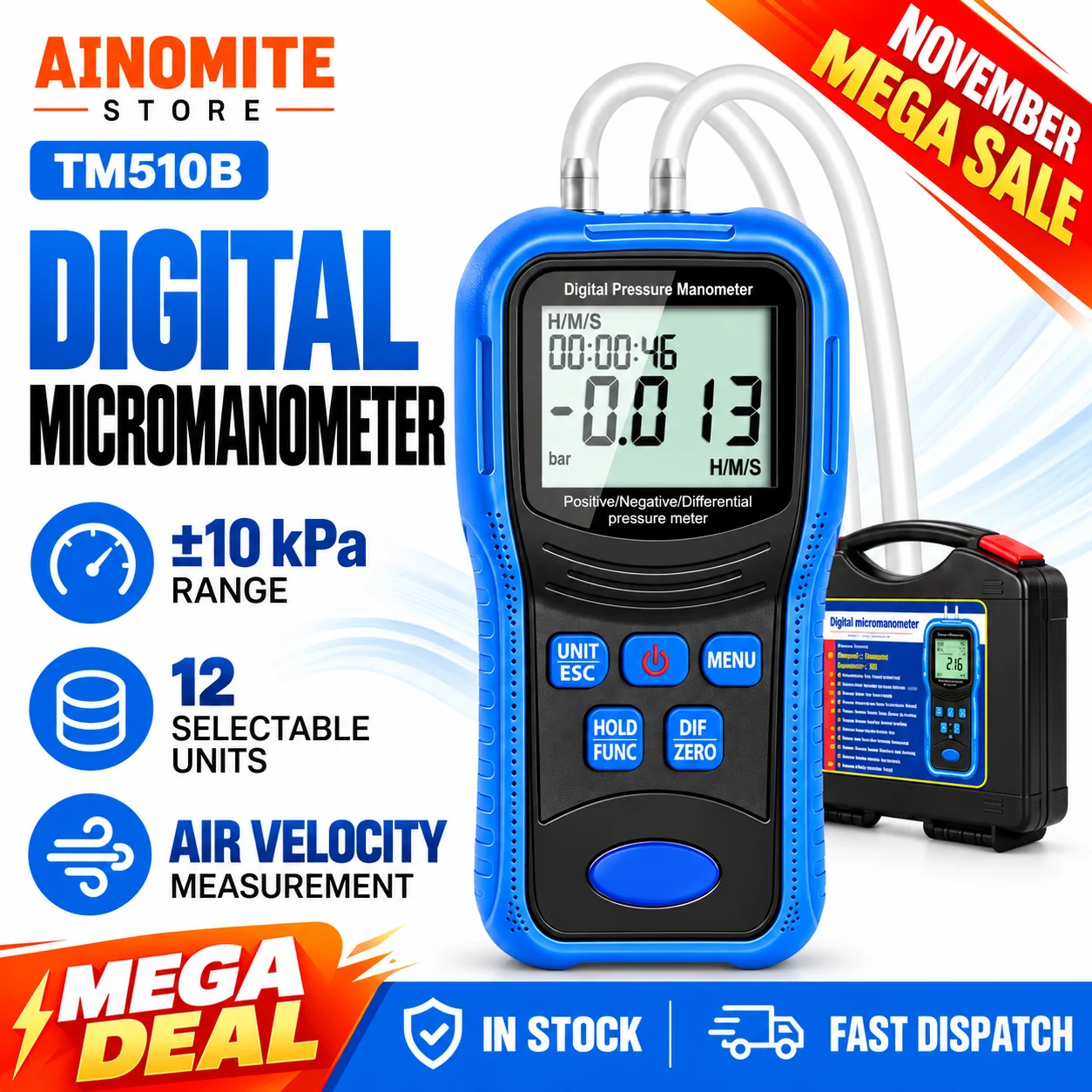 Digital Differential Manometer ±10kPa Handheld Air Pressure Gauge 12 Units Air Velocity Meter for HVAC Testing