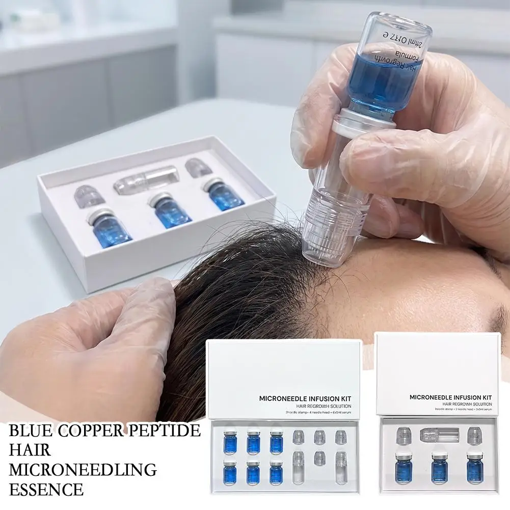 Microneedle Scalp Serum Kit With Blue Copper Peptide Liquid In Clear Vials And A Handheld Stamp Applicator For Scalp Application