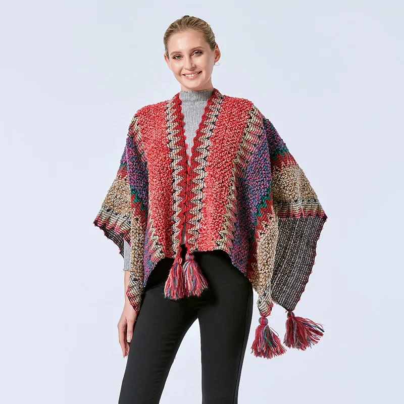 

Spring Autumn Tibetan National Style Girl Shawl Cloak Thick Knitted Tassel Scarf Shawl Dual Purpose Lady Cardigan Coat Red