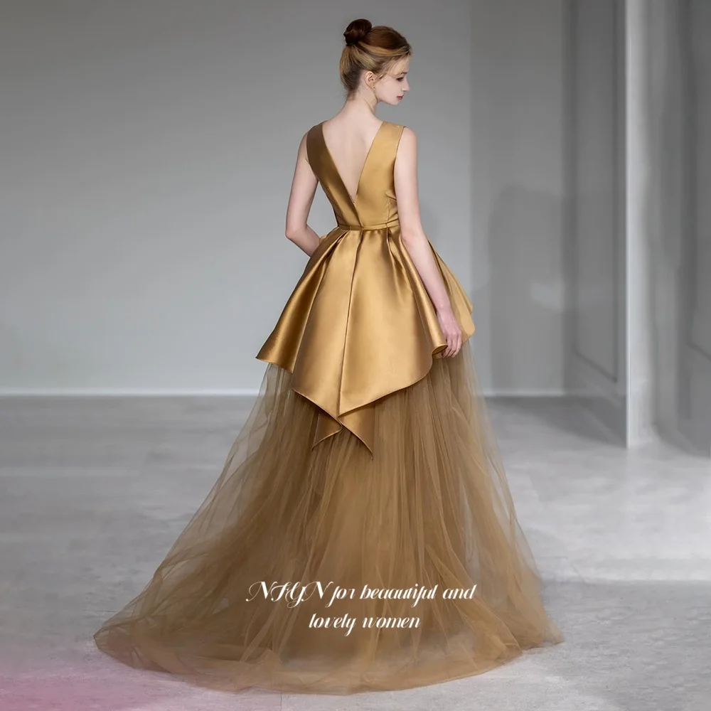 NFYN A Line Evening Dress Sexy V Neck Prom Dress with Bow Princess Party Dress Satin Tulle robe de bal for Women Customized