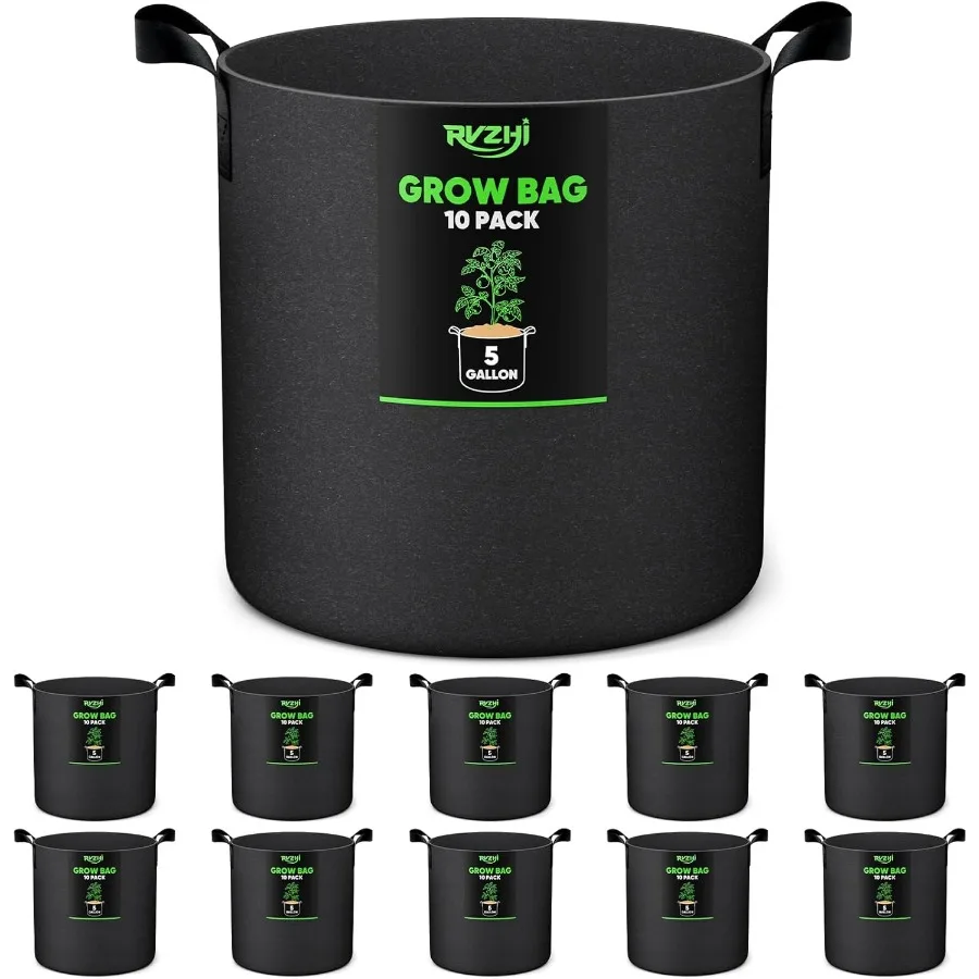 

Grow Bags for Potato 5Gallon: 10 Pack Black 350G Heavy Duty Thickened Fabric Pots with Handles Labels Nonwoven Gardening Contai