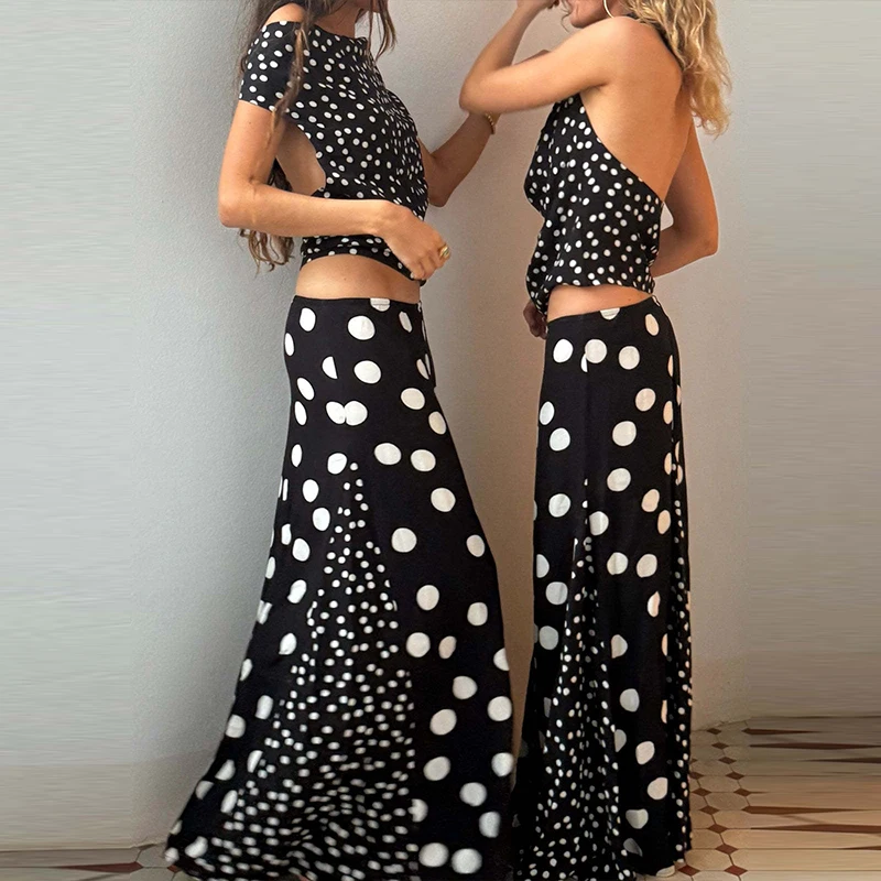 

Women Elegant Simple Polka Dot Print Party Skirt Outfits Casual Sleevless Slim 2Pc Sets Sexy Swing Collar Tops & Long Skirt Suit