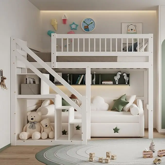 Fangange Cama mezzanine infantil 90/140x200 cm con protección anticaídas, escalera, espacio de almacenamiento, litera, madera maciza