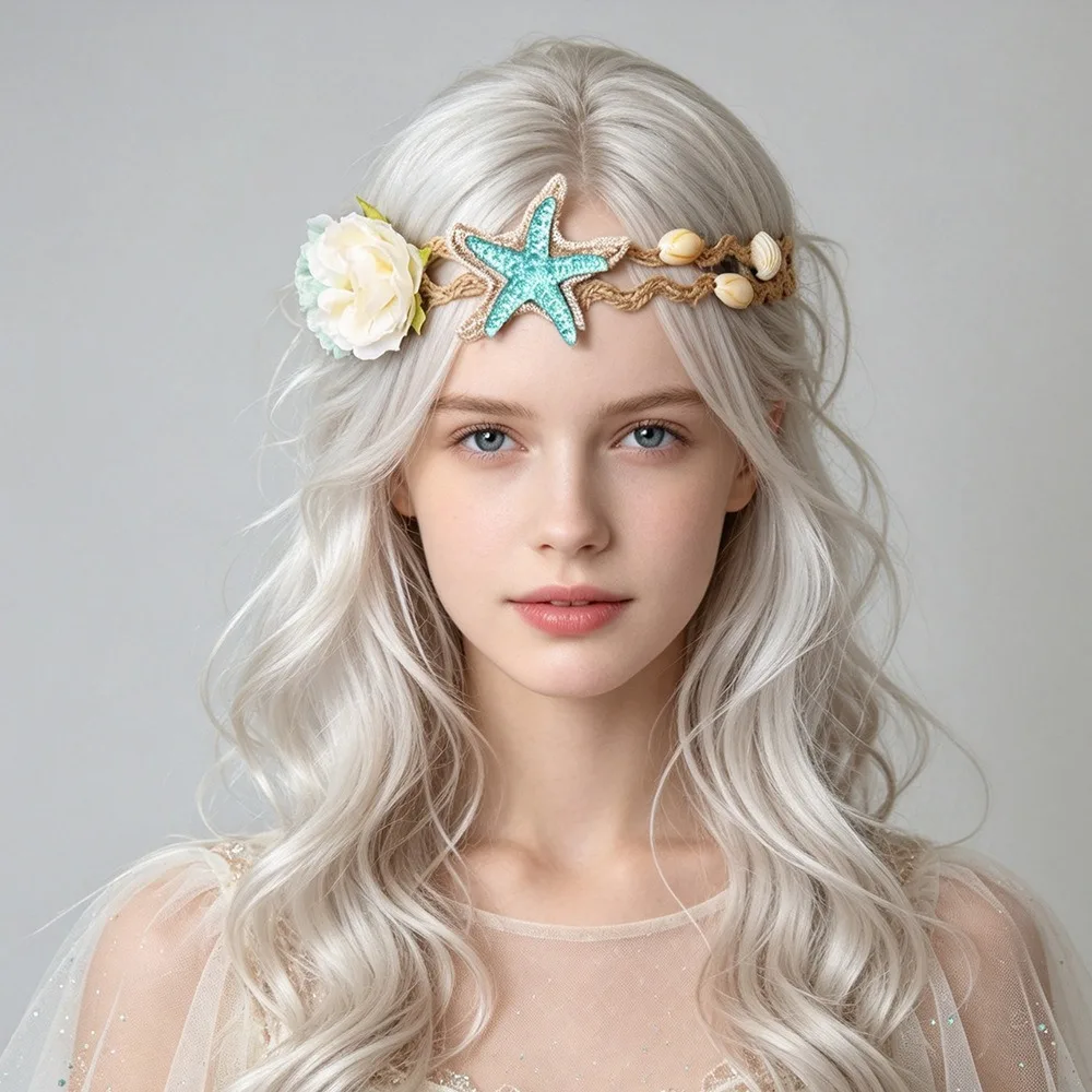 Girls Beach Photo Princess Headband Starfish Shell Wreath Kids Vacation Travel Hair Band Bohemian Seaside Hair Accessories
