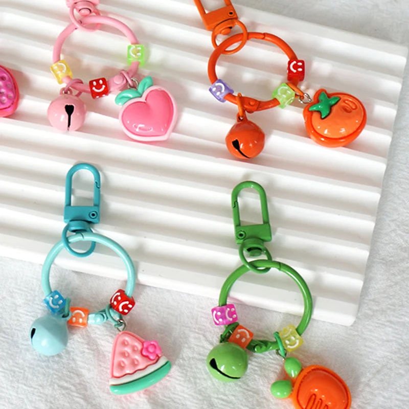 

Cute Fruit Strawberry Grape Peach Bell Pendant Keychain Fashion Candy Color Bag Jewelry For Women Key Holder Hanging