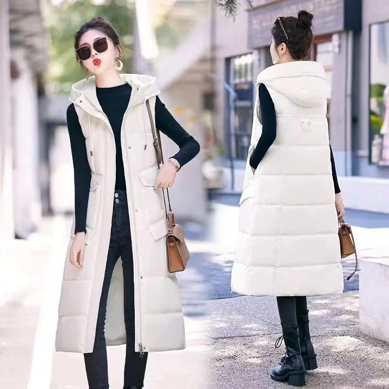 2024 New Hooded Down Cotton Vest Women Autumn Winter Fashion Long Warm Sleeveless Cotton Waistcoat Jacket Ladies Female Tops