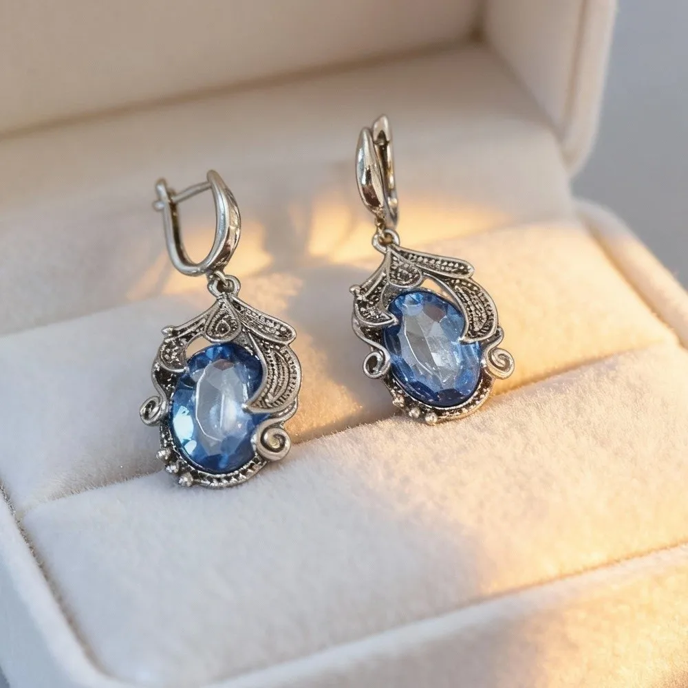 Silver-Plated Metal Zircon Drop Earrings Ornate Inlaid Long Dangle Crystal Dangle Earrings Oval Zircon Stone Long Drop Earrings