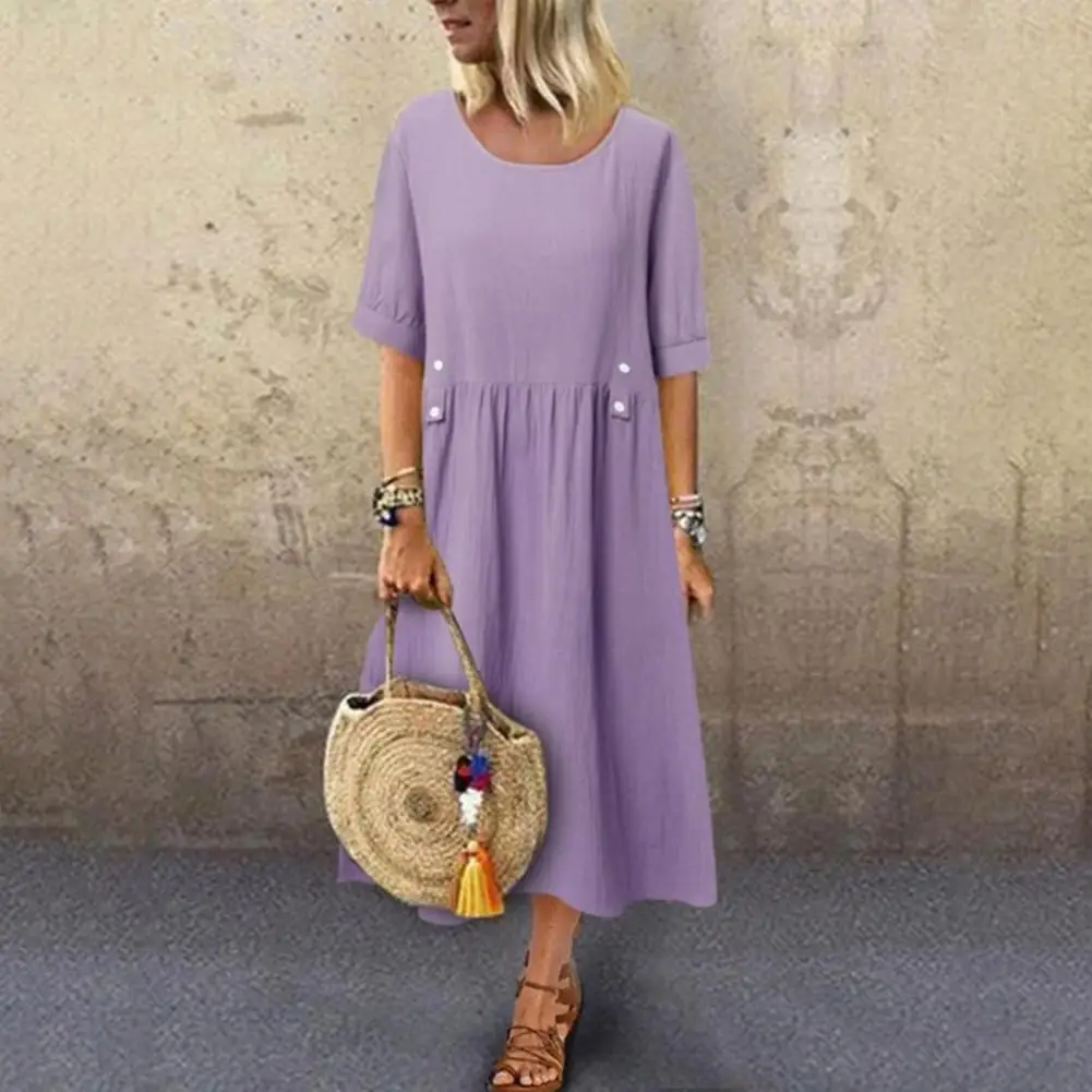 cotton linen Vintage Women Dress Loose Mid Length Pockets Button Decor O Neck Short Sleeve Boho Summer Dress Holiday Sundress