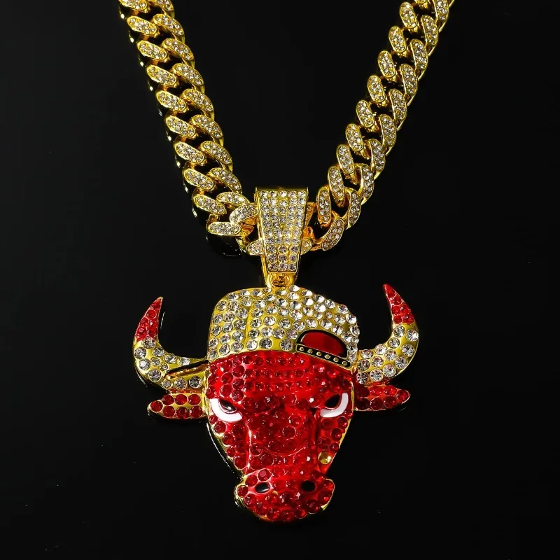 Iced Out Red Bull Head Pendant Necklace Cuban Chain Hip Hop Rhinestone Bull Charm Gold Bling Streetwear Jewelry Gift For Men