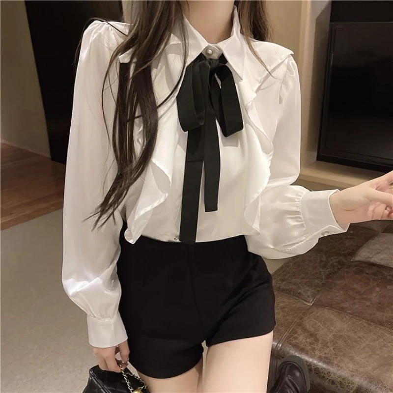 Temperament Blouse Women\'s Long Sleeve Polo Neck Bow Patchwork Ruffles Loose Solid Shirt Tops Fashion Korean Clothing Spring New