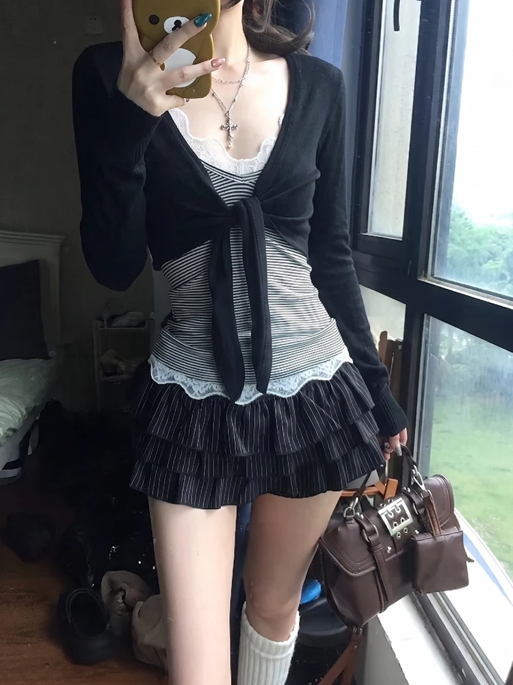 Genayooa Y2k Japanese Two Pieces Tops Women Long Sleeve Slim Lace Up Smock+ Striped Camis Tops American Retro Vintage Tops Tee
