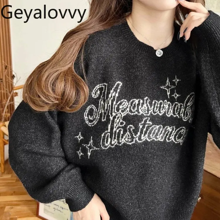 

Japanese Style Slimming Elegant Letter Star Decorated Autumn Winter Pullover Sweaters for Women Crew Neck Knitted Sweater