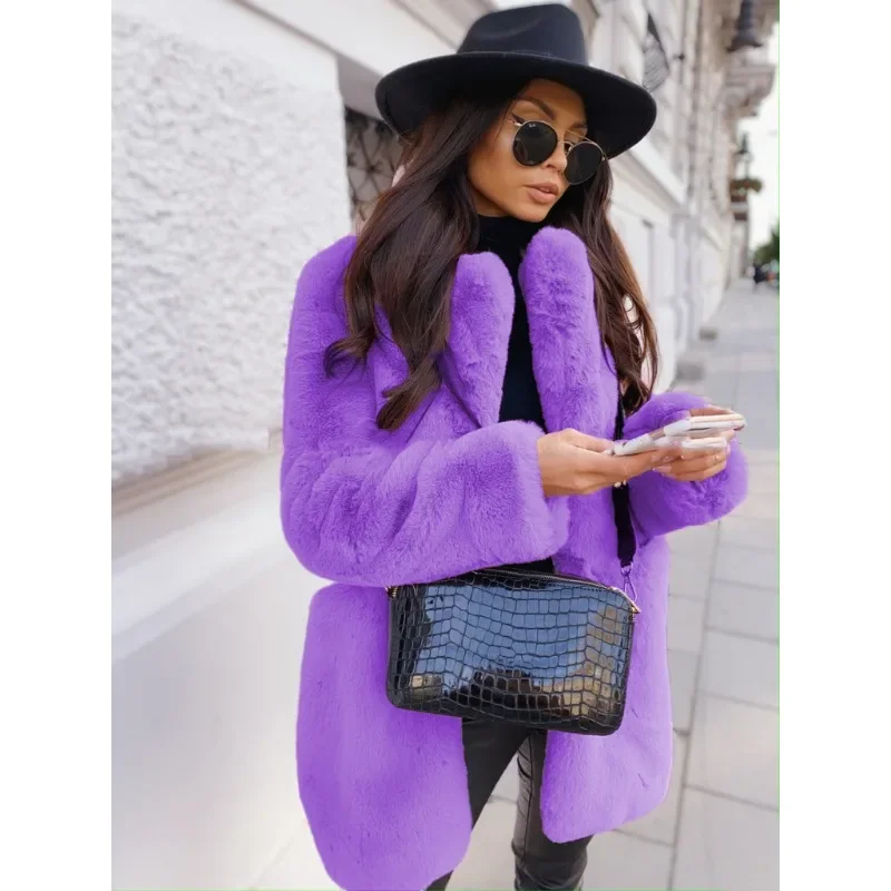 Autumn Winter Women Fashion Loose Furry Soft Sweet Outwear Keep Warm Plush Lapel Cute Jacket Outdoor Solid Color Faux Fur Coat