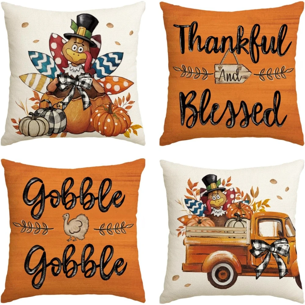 Thanksgiving Gobble Turkey Harvest Throw Pillow Covers, 18 x 18 Inch Thankful and Blessed Fall Truck Pumpkin Cushion Case
