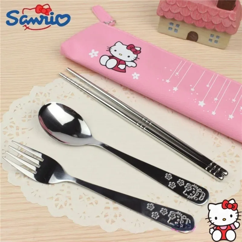 

Sanrio Hello Kitty Metal Spoon Fork Chopsticks Tableware Cute Kawaii Anime Cartoon 304 Stainless Steel PU Storage Bag Child Gift