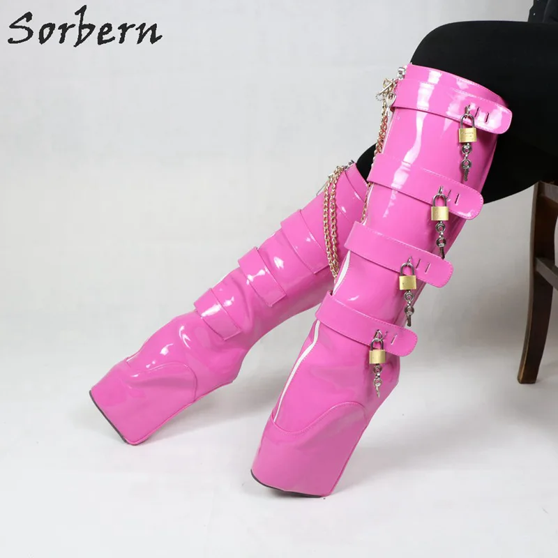 Sorbern Peach Shiny Knee High Ballet Wedge Boot With Heels Lockable Keys Plus Size Boots Women Wide Calf Fit Shoes Females