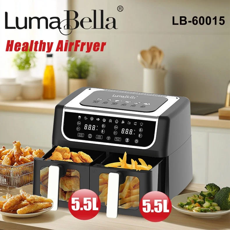 LumaBella 60015 Large Capacity Intelligent Air Fryer Non-Lamp Black Square Plastic French Fries Machine for Household Electric